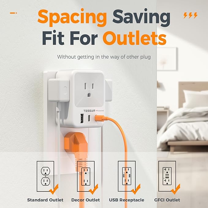 Multi Plug Wall Outlet Splitter, TESSAN Surge Protector 4 Outlet Extender - Image 5