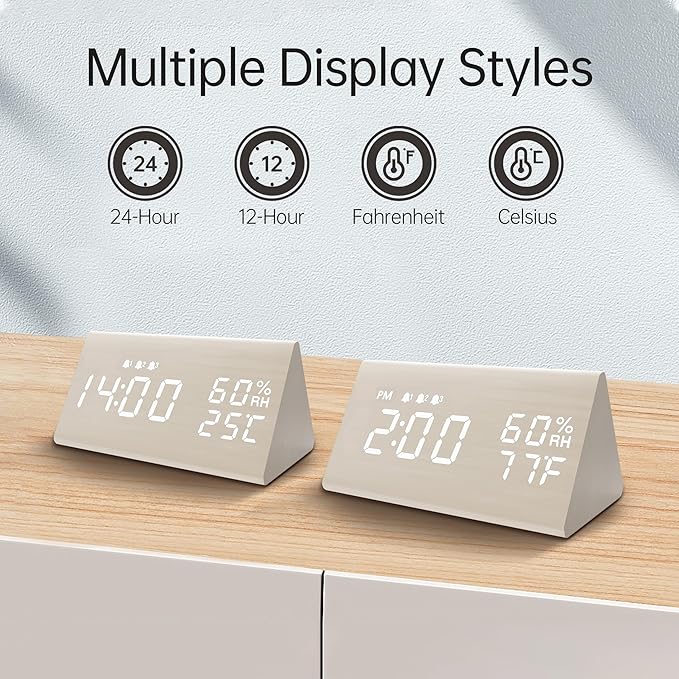 Digital Alarm Clock, with Wooden Electronic LED Time Display, 3 Alarm Settings - Image 7