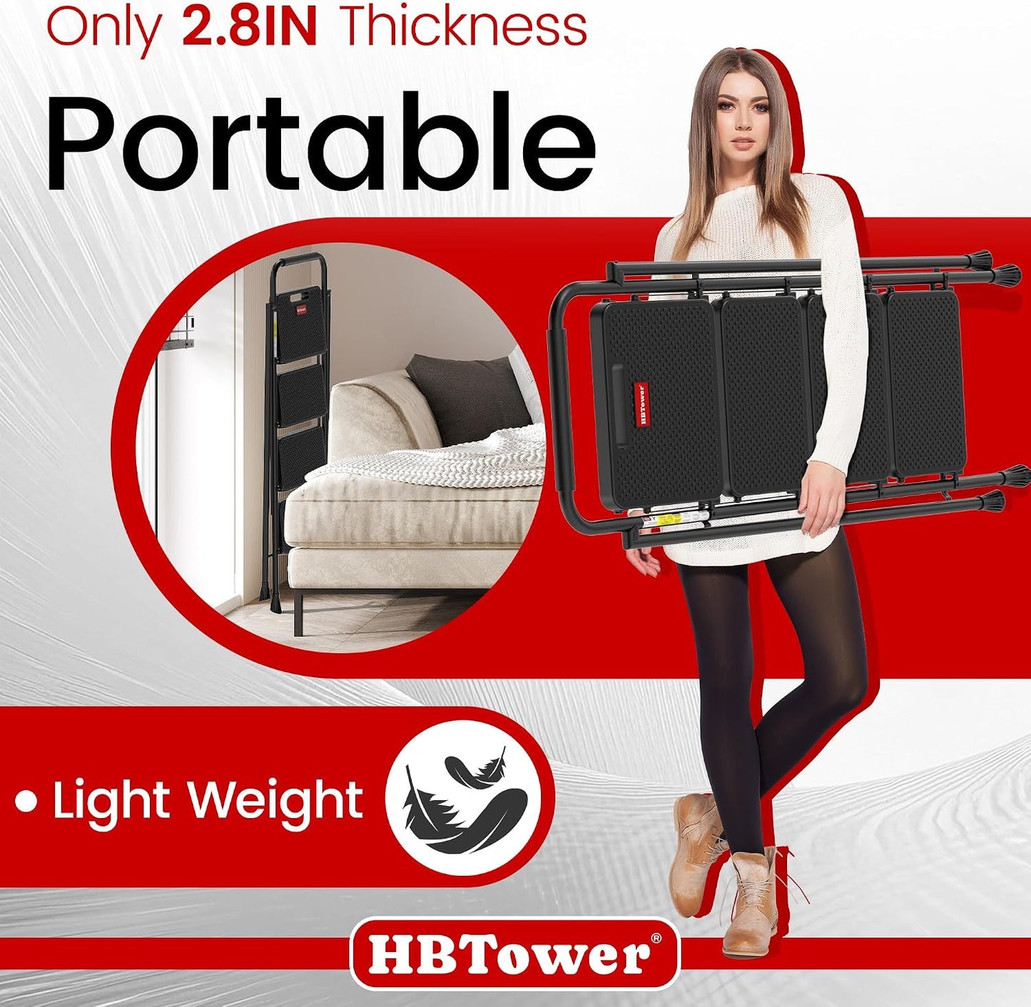 HBTower Step Ladder, 4 Step Ladder Folding Step Stool with Anti-Slip Pedal | Lightweight Ladders for Home, Black