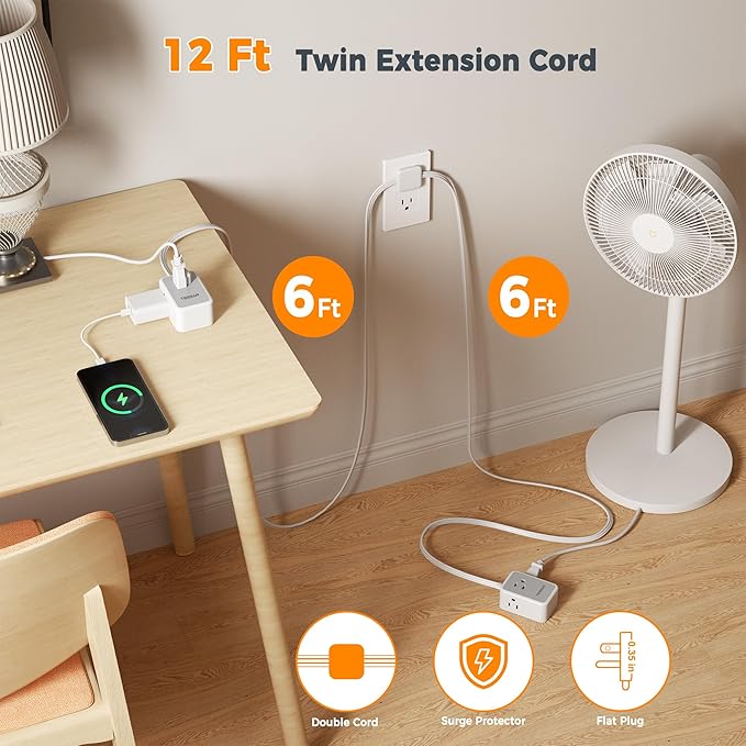TESSAN Twin Extension Cord 12 FT, Double Ended Flat Plug Surge Protector Power - Image 2