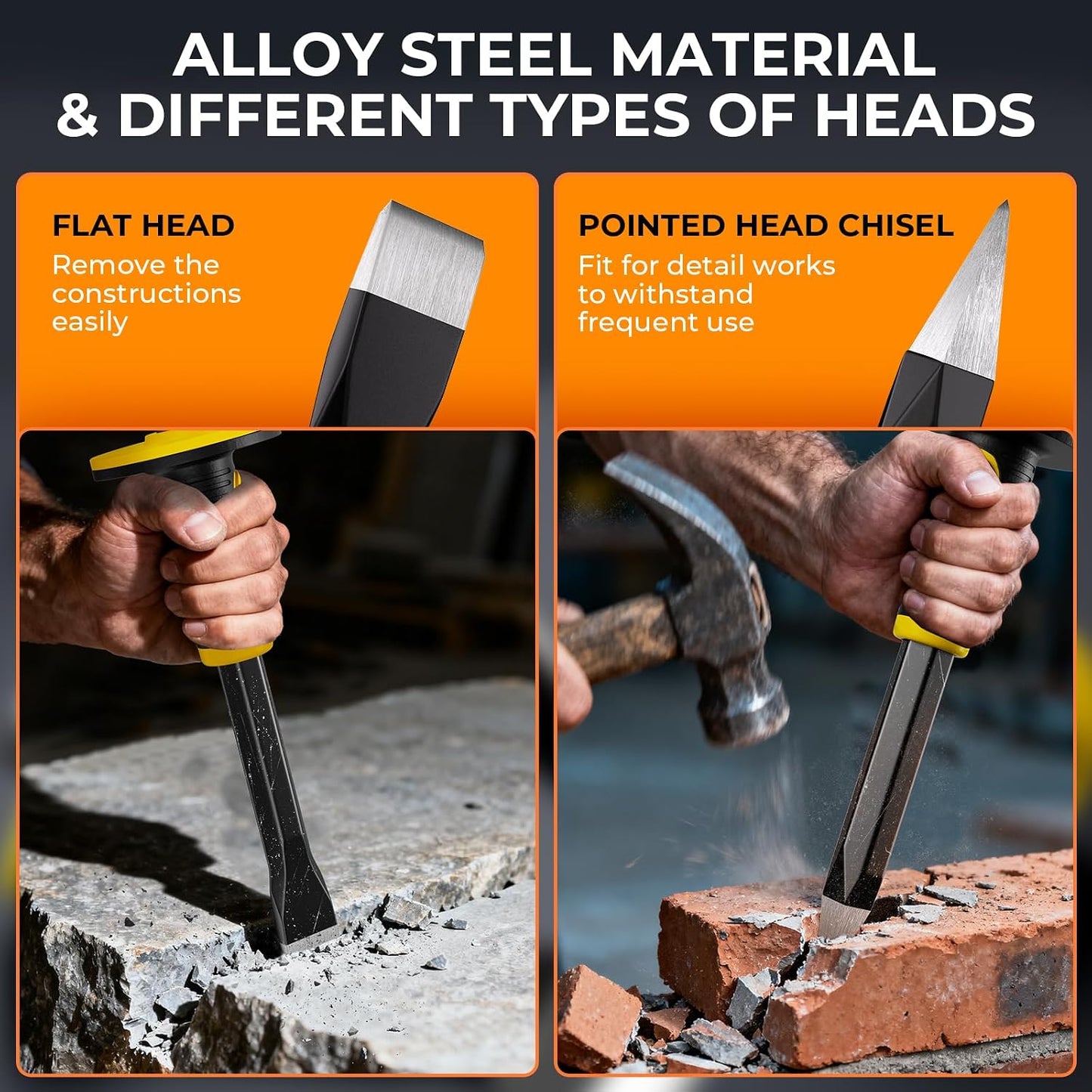 INCLY 3PCS Masonry Chisel Set with Hand Guard, Stone and Rock Chisel | Heavy Duty Concrete Chisel Tools, Including 11 Inch Point & Flat Chisel, 8 Inch Brick Chisels for Breaking Splitting Cutting