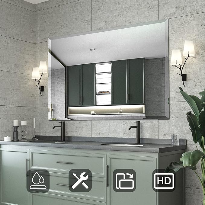 Mirrorons Beveled Mirror, Wall Mirror 40" x 32", Frameless Rectangle Bathroom - Image 2