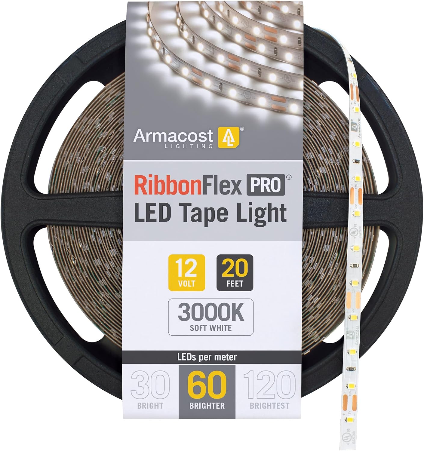 Armacost Lighting RibbonFlex Pro 12V White LED Strip Lights 60 LED/m, 3000K, 20 ft, 142240N