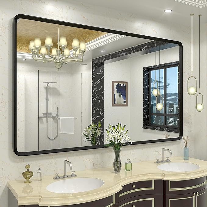 60x36 Black Matte Bathroom Mirror, Large Metal Framed Black Bathroom Vanity by GOLOMO