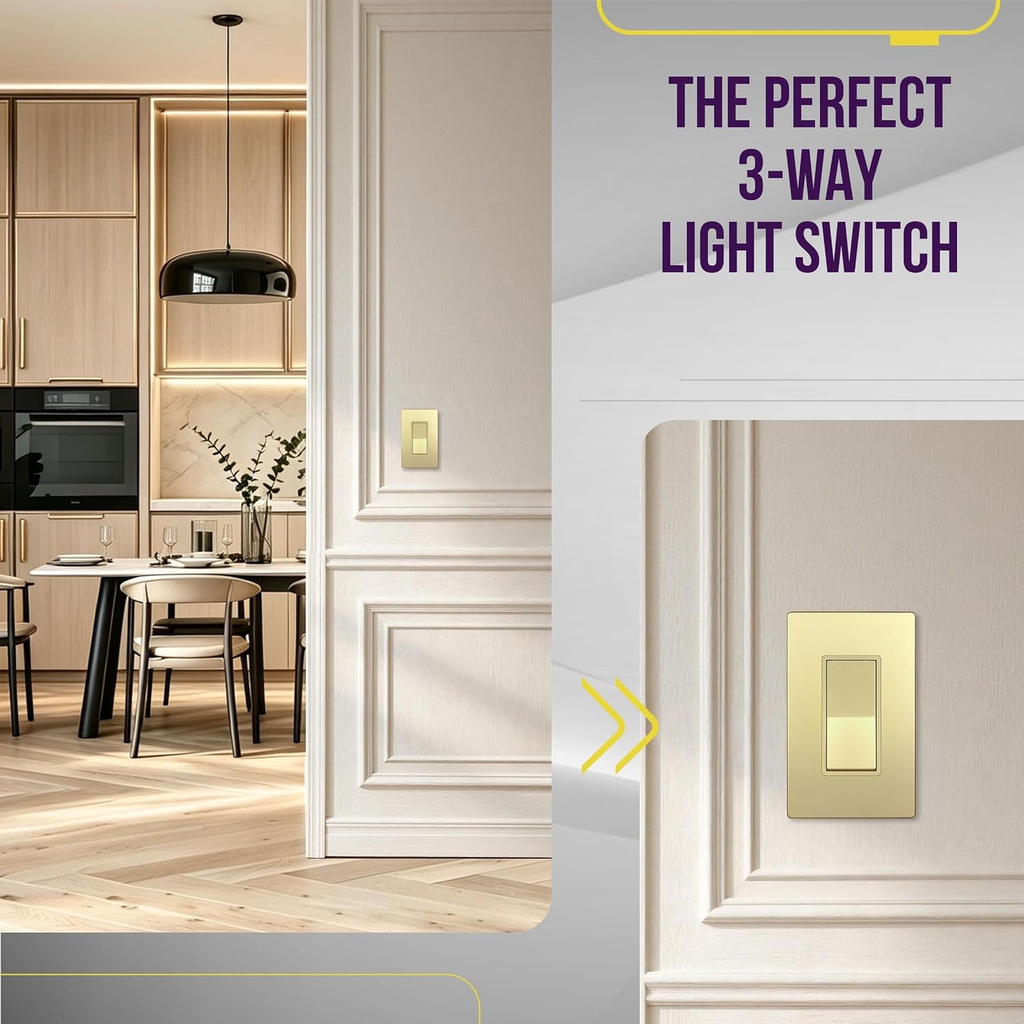 ENERLITES Gold 3-Way Decorator Paddle Rocker Light Switch, 15A, 5 Pack | Three Way or Single Pole Decorative Switch, 120V/277V, 3 Wire, Grounding Screw, Residential Grade, Gloss Finish, UL Listed