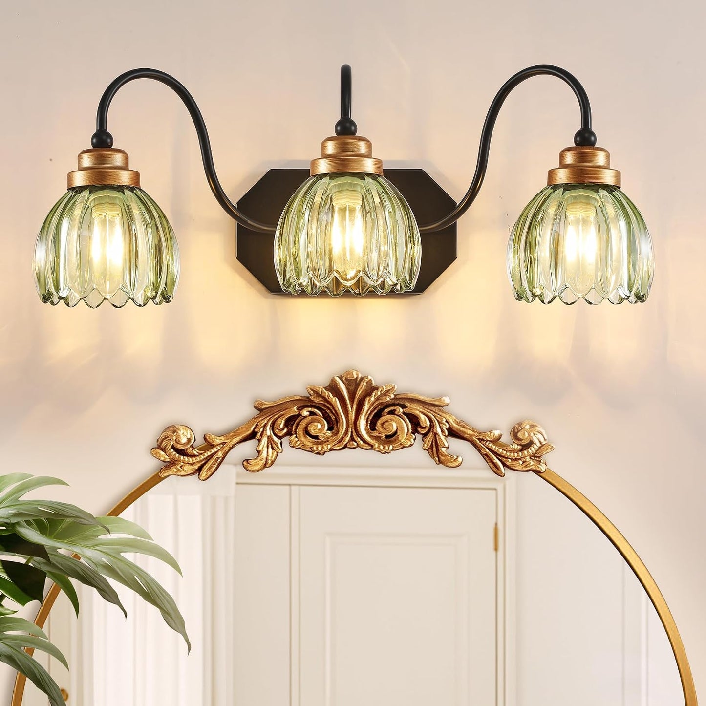 Vintage Gold Bathroom Light Fixtures,3 Light Green Tulip Crystal | Brushed Gold Vanity Lights,Matte Antique Brass Finish, Mid Century Style,Wall Sconces for Bedroom,Hallway,Easy to Install