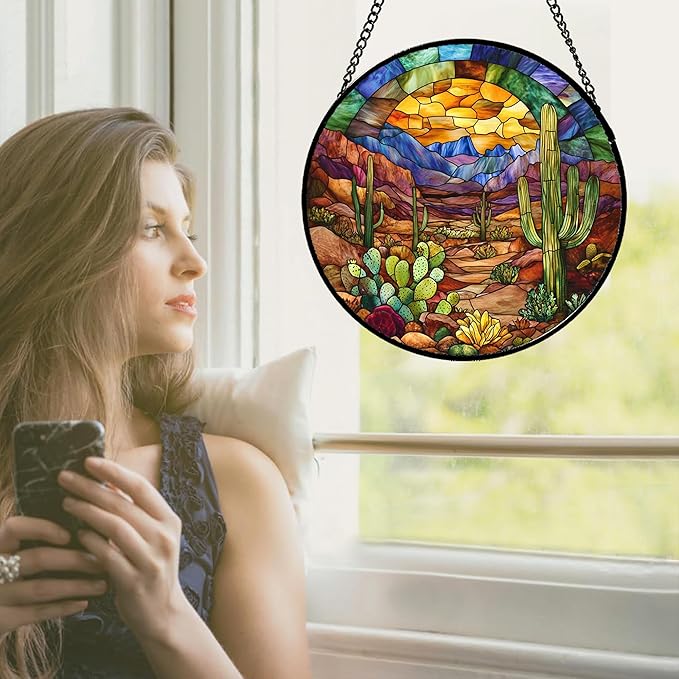 CRISGIF Stained Glass Window Hanging Cactus Mountains Landscape Large 11.8" - Image 4
