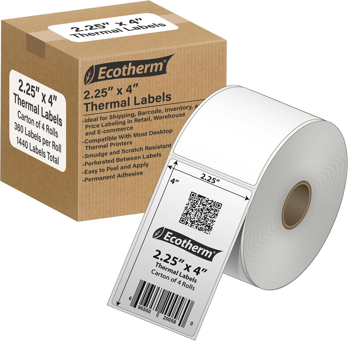 2.25" x 4" Thermal Labels | 4 Rolls | 1440 Labels | fits Zebra, Offnova Thermal
