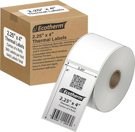 2.25" x 4" Thermal Labels | 4 Rolls | 1440 Labels | fits Zebra, Offnova Thermal by EcothermProducts