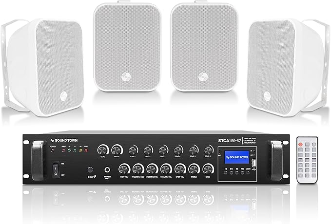 Sound Town Commercial Restaurant Bluetooth Amplifier + Surface-Mount Speaker Set by SOUNDTOWN