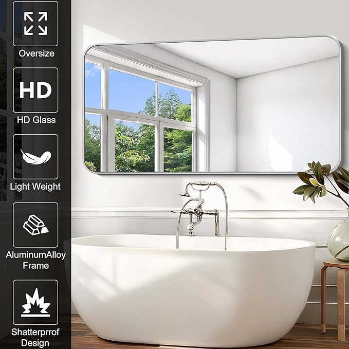 Silver Bathroom Mirror, 72 x 36 Inch Large Rectangle Mirror, Rectangular Vanity - Image 4
