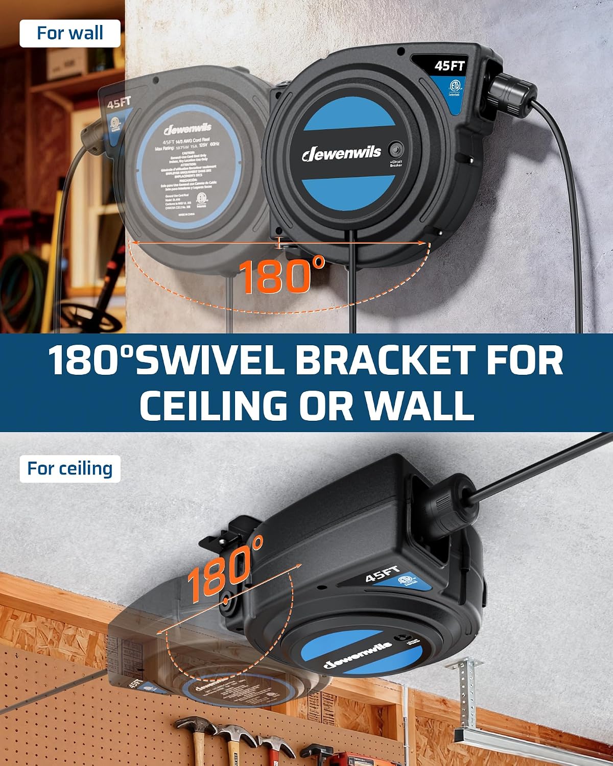 DEWENWILS 45FT Retractable Extension Cord Reel, 6 Outlets, 12/3AWG SJTOW | 15A Circuit Breaker,Automatic Retractable,Twist-Lock Stopper, 180°Swivel Bracket, Lighted Plug End for Garage,Workshop