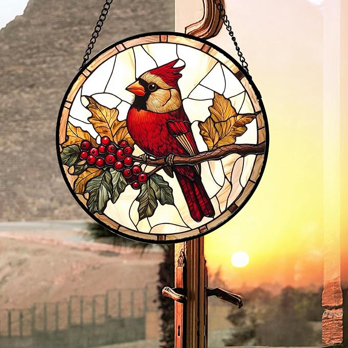 DASTOLL Stained Glass Window Hanging, Birds on a Branch Cardinal Sun Catchers - Image 4