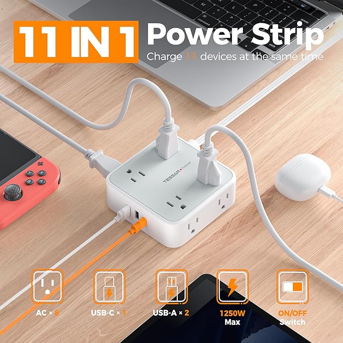 Surge Protector Power Strip, TESSAN 5 Ft Flat Plug Extension Cord - Image 2