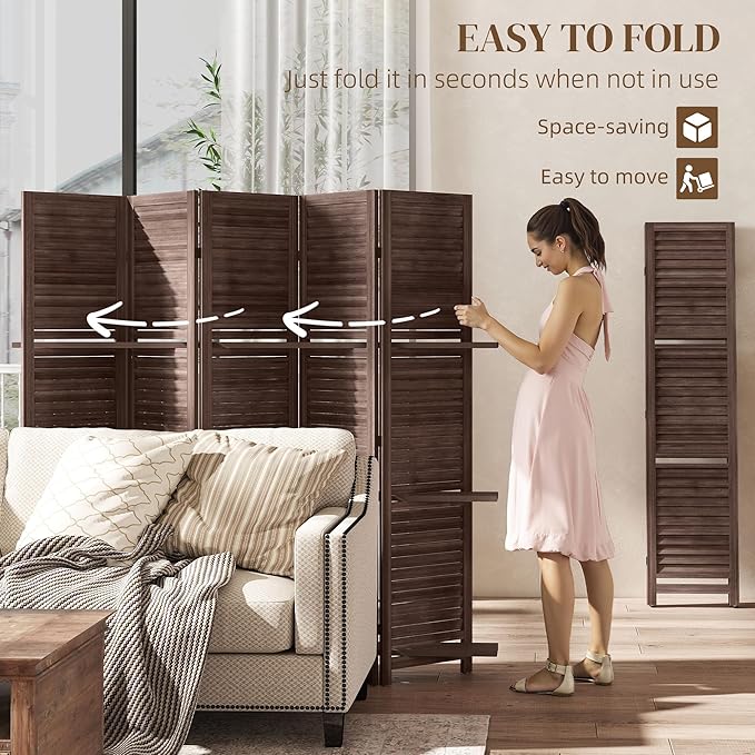 HOMCOM Room Divider, 5 Panel 67" Tall Wood Privacy Screen - Image 4