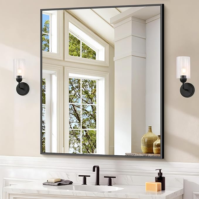 Black Bathroom Mirror for Wall, 30x36 Inch Rectangle by Welcometocofeny