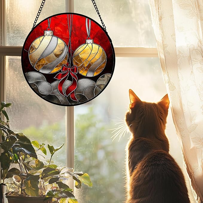 AMDERVEN Stained Glass Window Hanging 4 Pcs Set Christmas Golden Bell Sleigh - Image 4