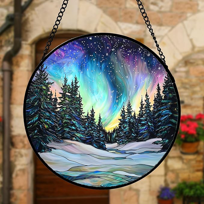 DASTOLL Stained Glass Window Hanging, Aurora Landscape Sun Catchers Glass Panel - Image 2