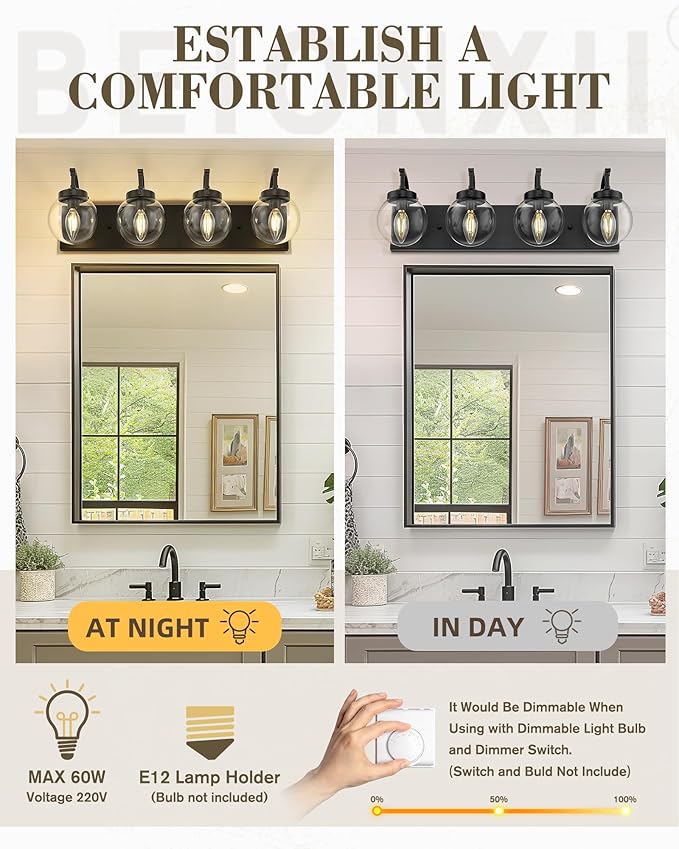 Beionxii 4-Light Bathroom Light Fixtures, Modern Vanity Lighting Fixtures Over - Image 3