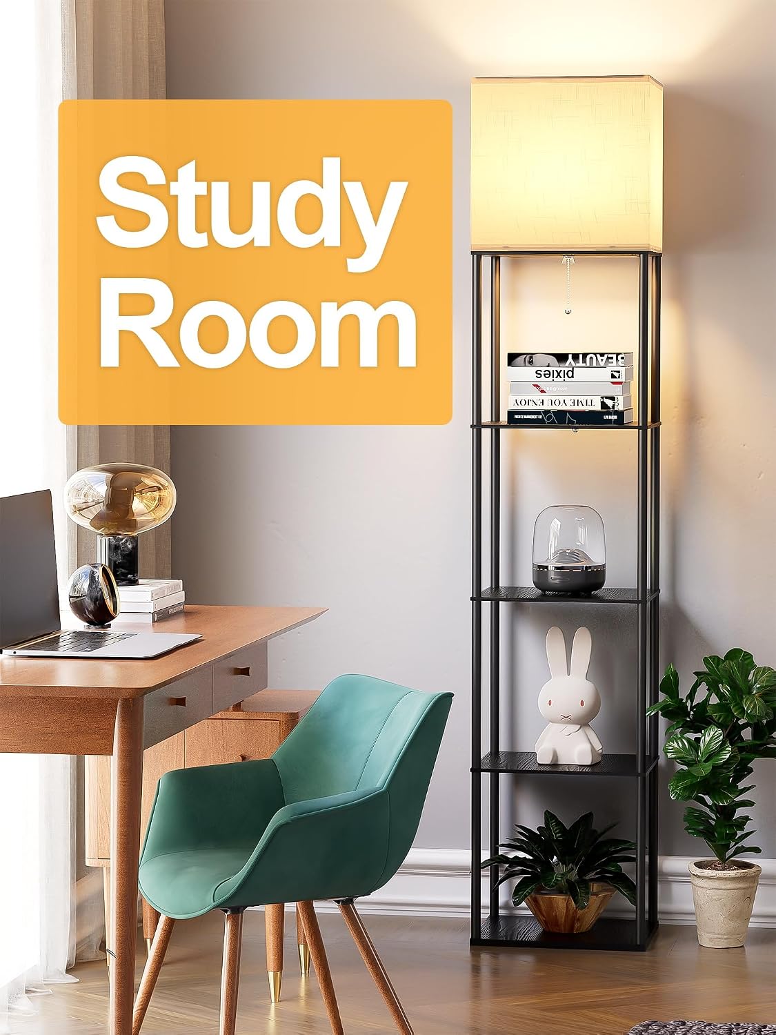 Large Floor Lamp with Shelves, 5-Tier Tall Floor lamp with for Living Room, Shelf Floor Lamp with 3 CCT LED Bulb, Corner Display Standing Column Lamp, Etagere Organizer Tower Nightstand for Bedroom