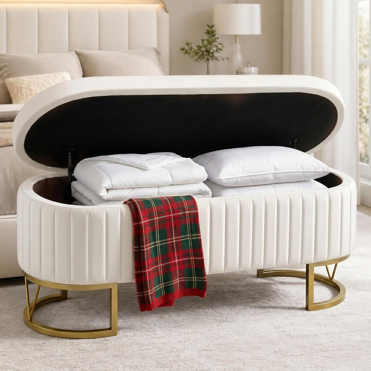velvet storage bench for bedroom, 46" oval end, main product view