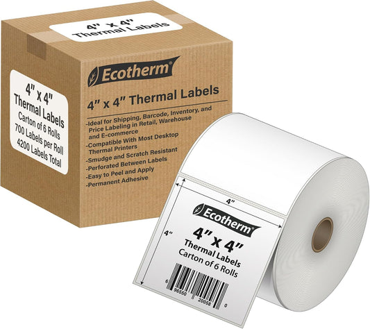 4" x 4" Thermal Labels | 6 Rolls | 4200 Labels | fits Zebra, Offnova Thermal