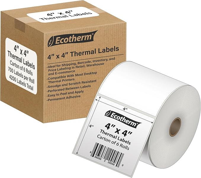 4" x 4" Thermal Labels | 6 Rolls | 4200 Labels | fits Zebra, Offnova Thermal by EcothermProducts