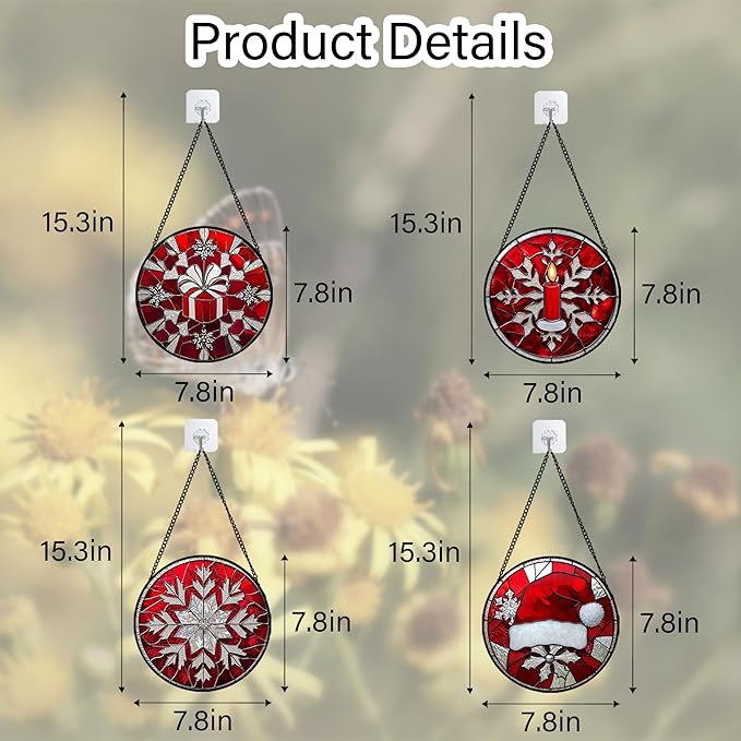 DASTOLL Stained Glass Window Hanging 4 Pcs Set Red Christmas Decorations Theme - Image 6