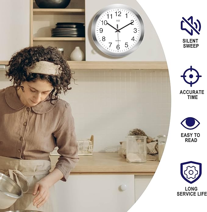 HITO 12 Inch Silent Wall Clock Battery Operated Non Ticking Glass Cover Silver - Image 4