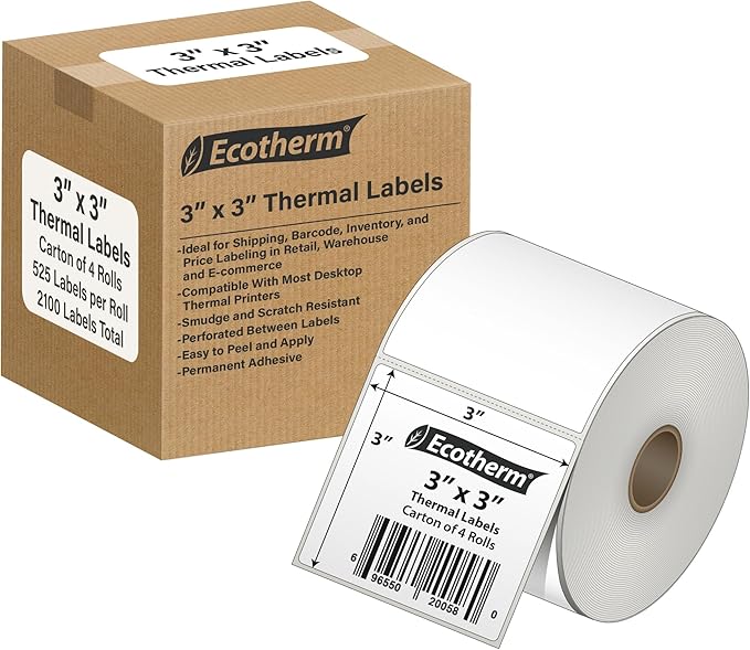 3" x 3" Thermal Labels | 4 Rolls | 2100 Labels | fits Zebra, Offnova Thermal by EcothermProducts