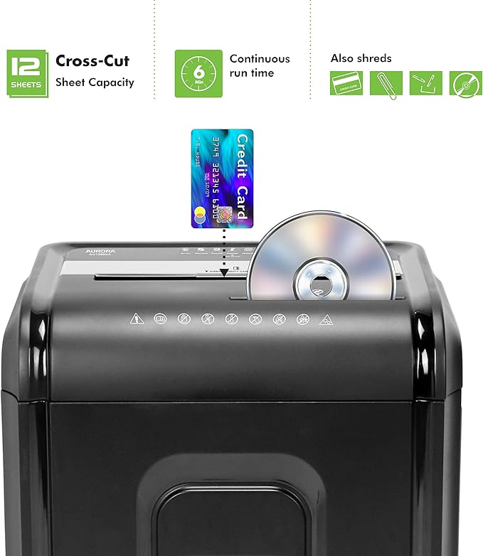 Aurora AU1260XA Anti-Jam 12-Sheet Crosscut Paper and CD/Credit Card Shredder - Image 2