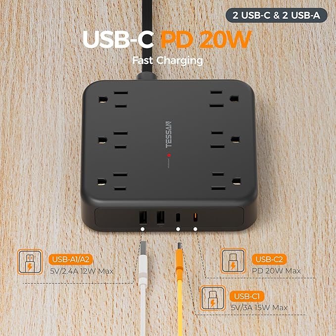 TESSAN Flat Plug Extension Cord 15 Ft, 2100J Surge Protector Power Strip - Image 5