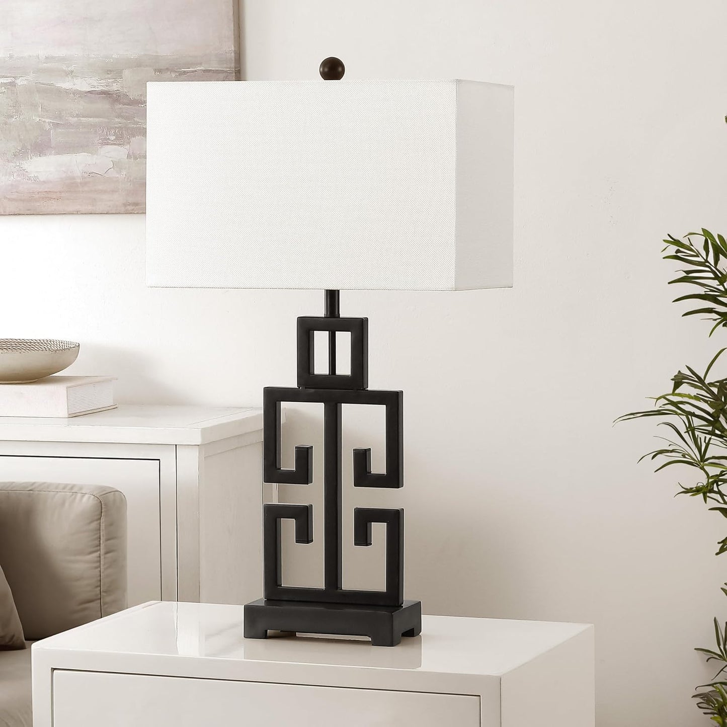 SAFAVIEH Lighting Collection – Greek Key Table Lamp Set of 2 – Oil-Rubbed Bronze Base with White Fabric Shade, LED Bulbs Included, 29-Inch Bedroom Living Room Desk Lamps (LIT4305B-SET2)
