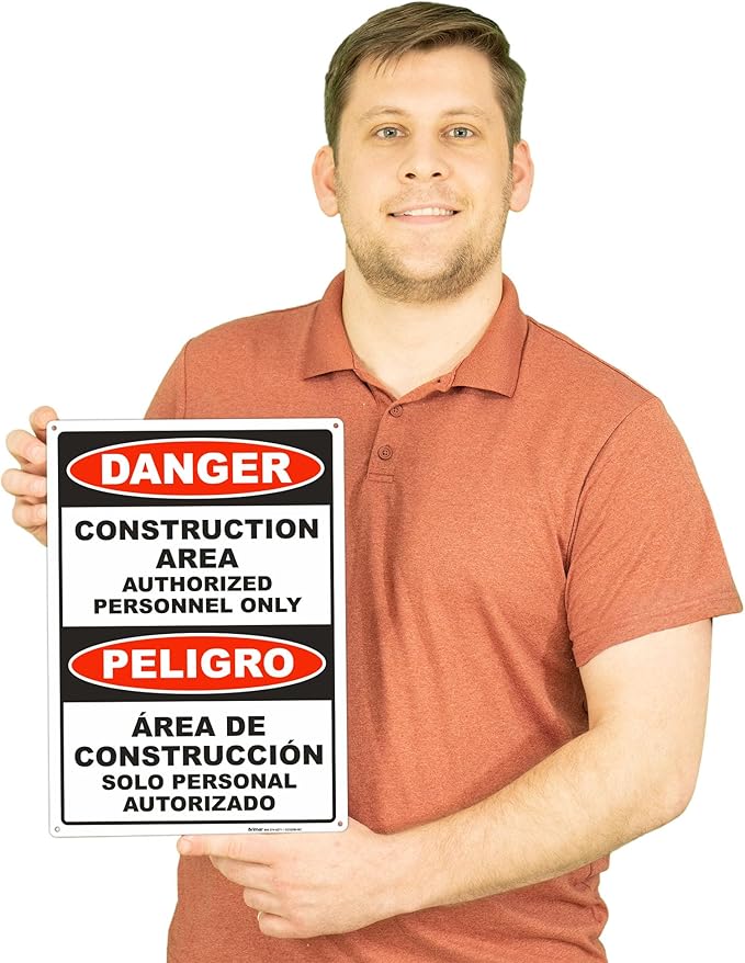 Brimar - 10" x 14" - Bilingual Danger Construction Area Authorized Only Sign - - Image 3