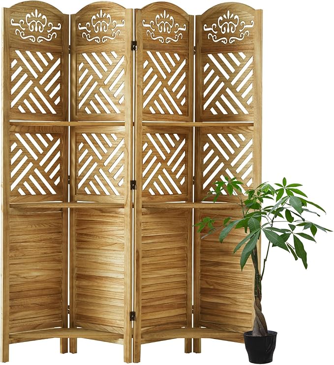 Svimi Room Divider with Shelves, 68.9inch Wood Carved and Louvered Wall Divider - Image 8