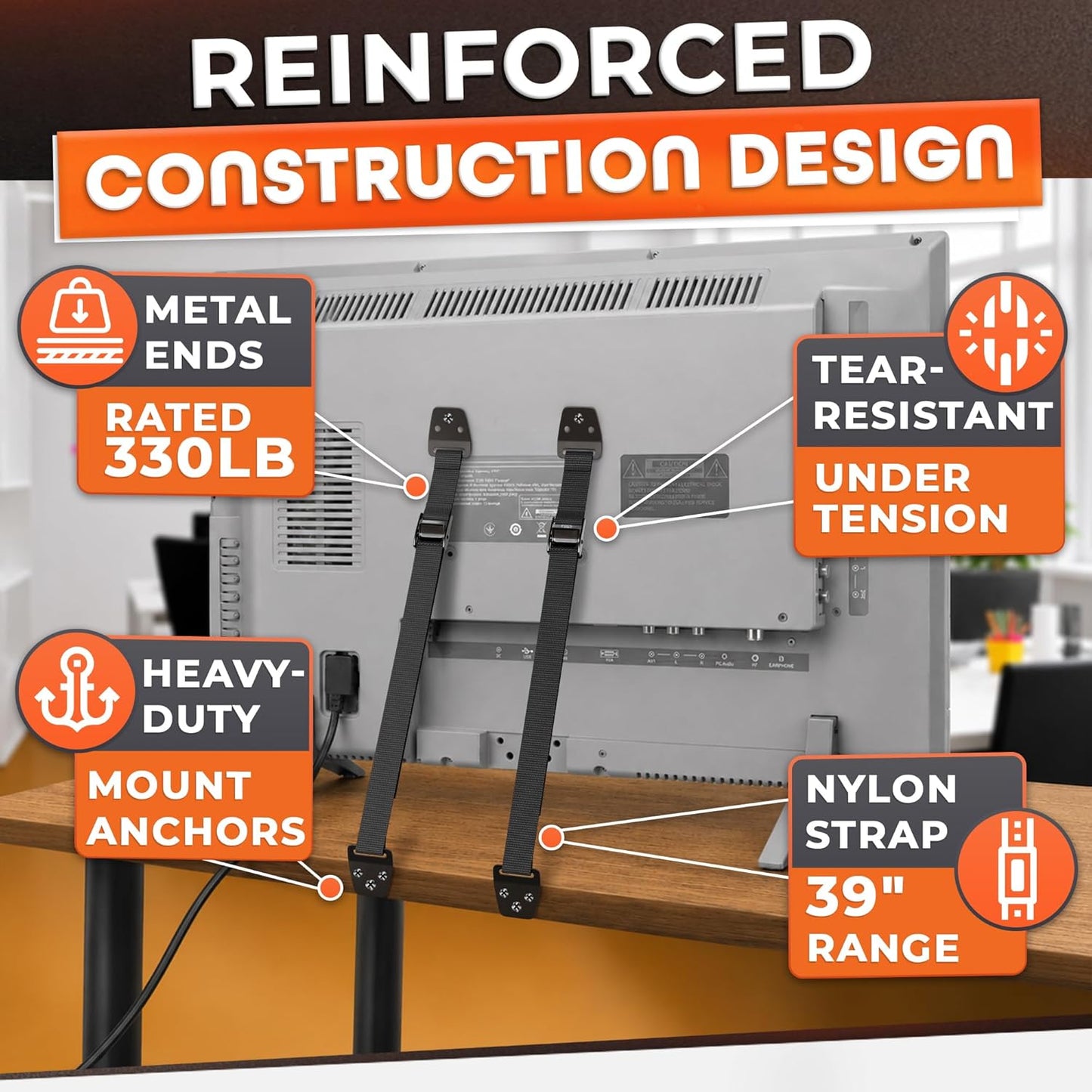 TV Safety Straps for Flat Screen, Anti-Tip, Adjustable 19 to 39 In | Wall Anchor Straps Hold Big Screen TVs Up to 330 Lbs - Flexible Nylon, Wear-Resistant, and Easy Setup for Furniture Anchoring