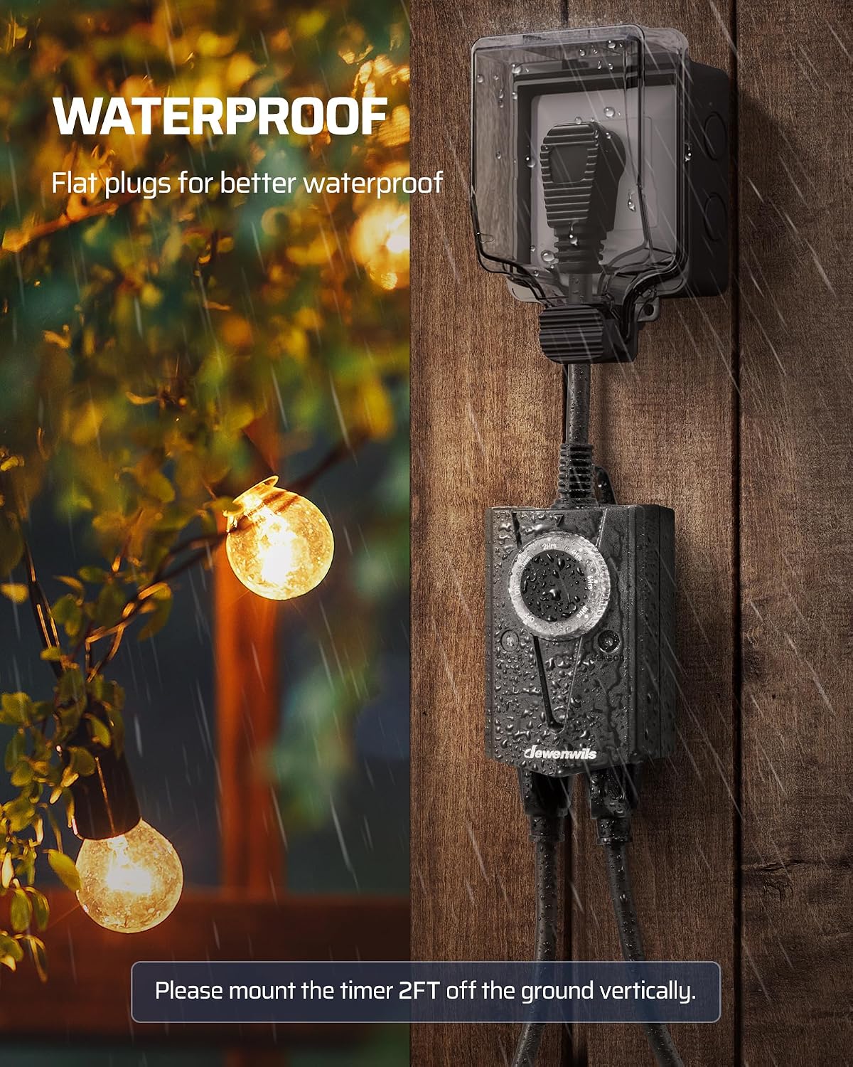 DEWENWILS Dusk to Dawn Light Timer,2-Prong Grounded Outlet | 2-Prong Grounded Outle, Dusk to Dawn, 2/4/6/8H Countdown, Weatherproof, Heavy Duty Outdoor Timer for String Light, UL Listed