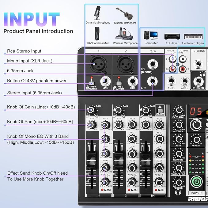 4 Channel Audio Interfacer DJ Mixer Sound Board 16-Bit DSP Effect USB Audio - Image 2