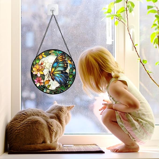 DASTOLL Stained Glass Window Hanging, Butterfly Flower Sun Catchers Diamond - Image 4