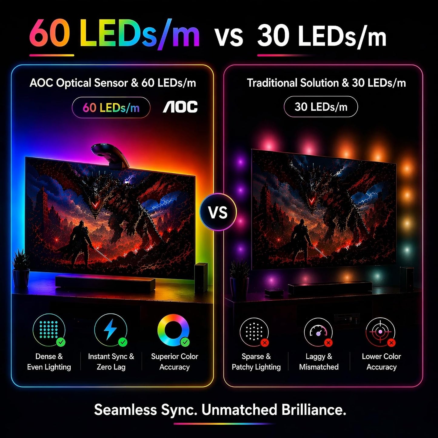 AOC TV LED Backlight, TV-Sync Lights for 55-65 Inch TVs, 14.8 ft | 0.03s optical color capture, 16-bit RGB, 60 LEDs/m, 32 scenes, 6 music modes, app DIY control, smart auto on/off