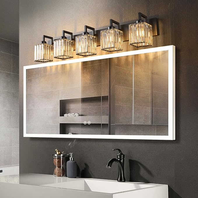 FDPBY Black Bathroom Light Fixture, 5-Light Crystal Vanity Lighting, Bathroom - Image 2
