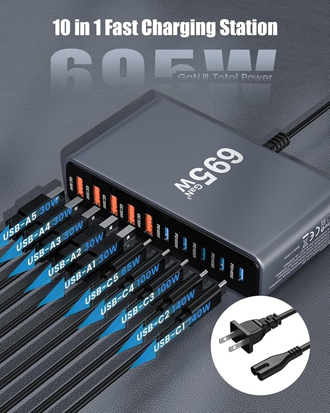 695W USB C Charger Block, 10-Port USB C Charging Station GaN IV Travel - Image 5