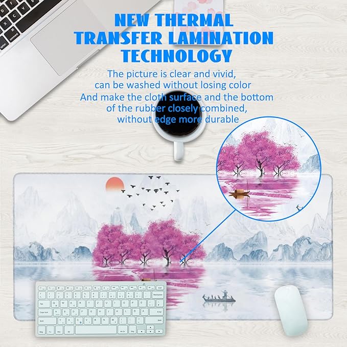 Desk Mat, Cherry Blossom Tree Oil Ink Painting Extended Gaming Mouse Pad Large - Image 3