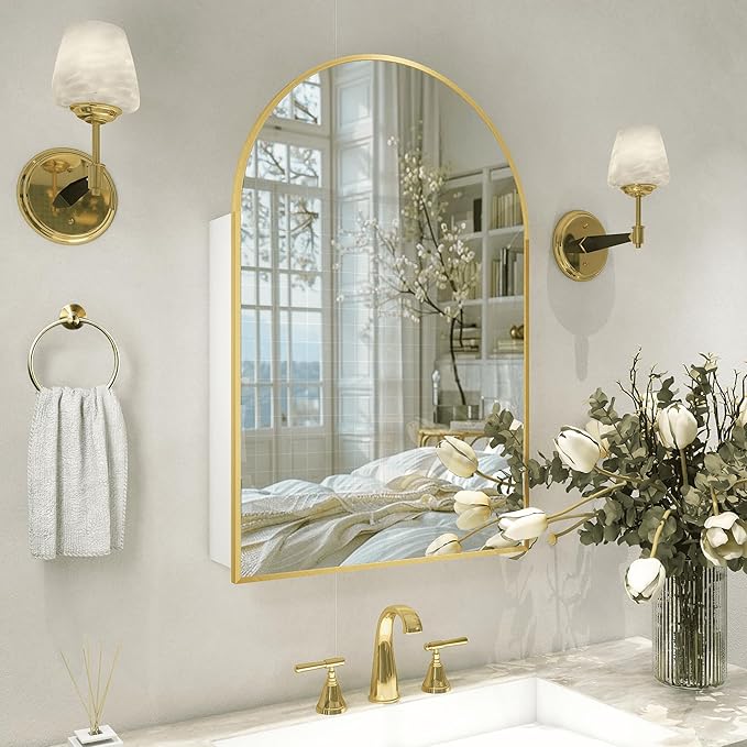 Gold Medicine Cabinet with Mirror, Bathroom Arched Medicine Cabinet Wall Mounted by FunFurnitureFollowLife