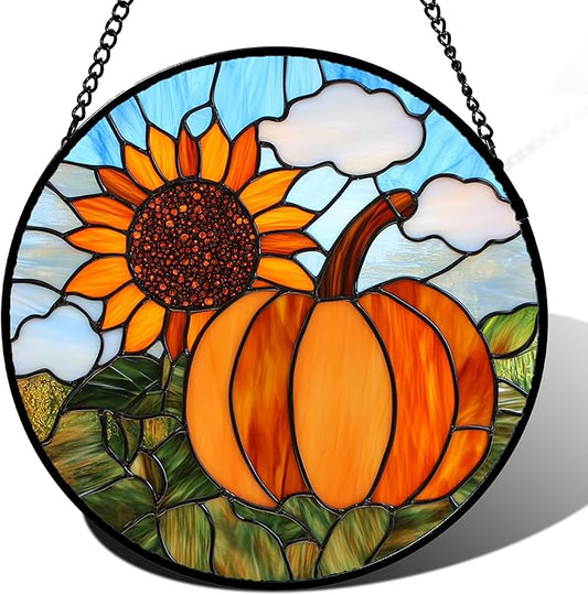 DASTOLL Stained Glass Window Hanging Fall Farm Scenery Sunflower Pumpkin Large by DASTOLL