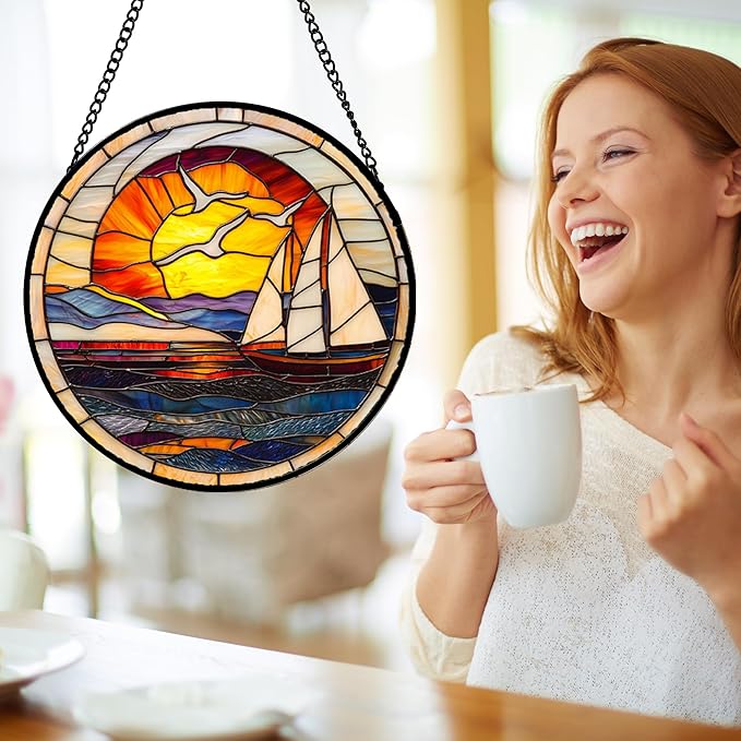 DASTOLL Stained Glass Window Hanging, Sun Ocean Sailboat Seagull Abstract - Image 4
