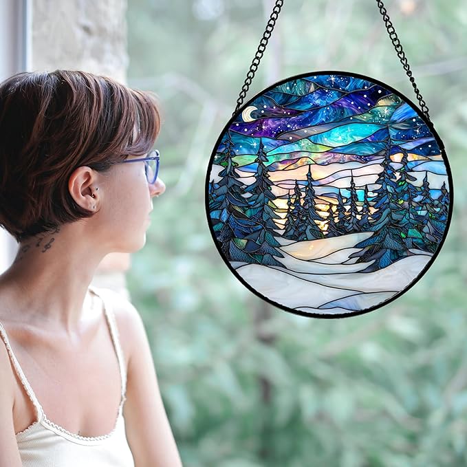 DASTOLL Stained Glass Window Hanging, Starry Sky Trees and Snow Sun Catchers - Image 2