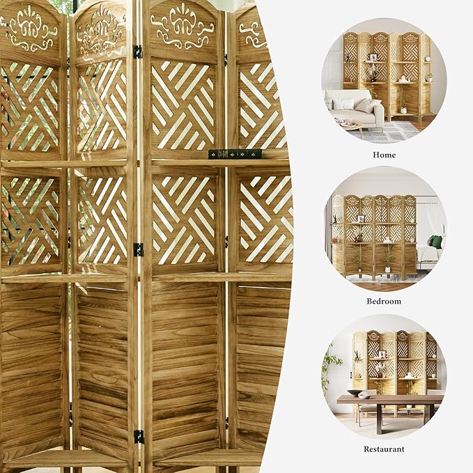 Svimi Room Divider with Shelves, 68.9inch Wood Carved and Louvered Wall Divider - Image 7