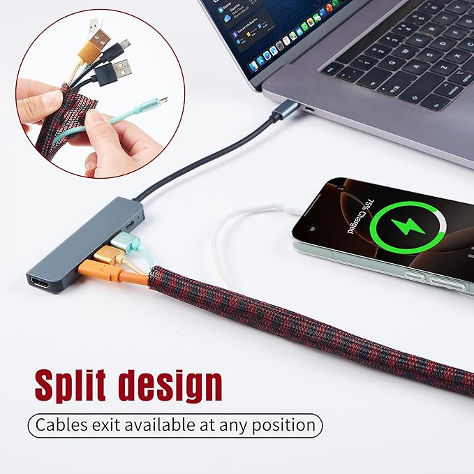 QCSIW Split Cable Sleeve, 25ft x 1 inch Black Red Braided Wire Loom - Image 7