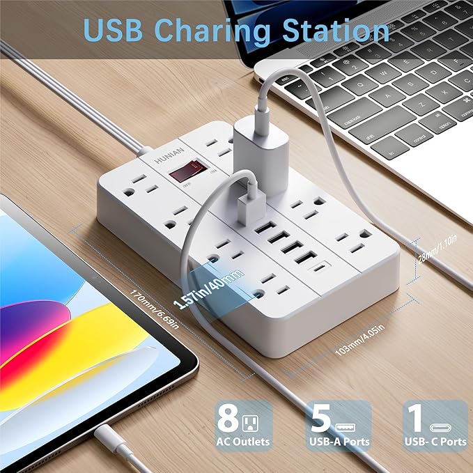 10 Ft Long Extension Cord, Power Strip Surge Protector HUNIAN Flat Plug - Image 2